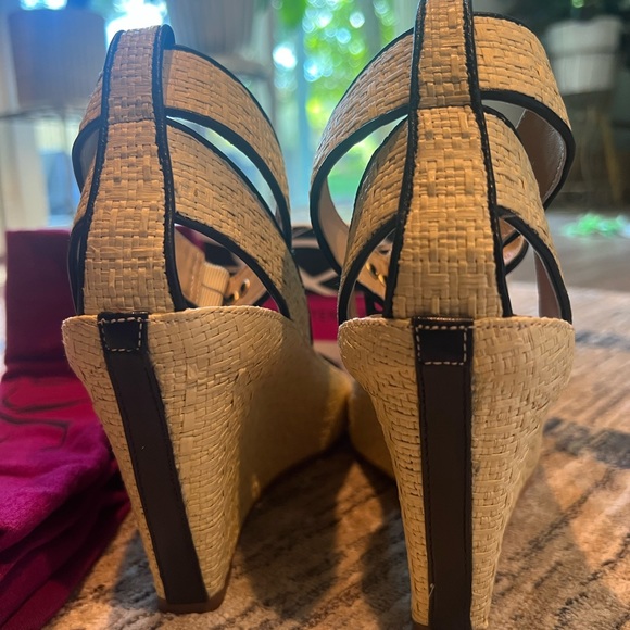 Diane Von Furstenberg Senegal Camel Raffia Black Nappa Wedges Sz. 8M - Picture 4 of 6
